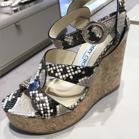 JIMMY CHOO ALEILI 100 Natural Snake Printed Leather Platform Wedge - Picture 10 of 10